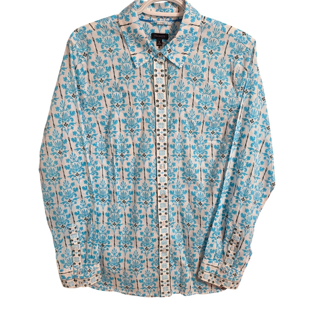 Talbots Womens M Button Down Blue Damask Floral Cotton Long Sleeve Blouse